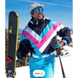 Tipsy Elves Mens Pastel Pro Snow Suit Blue Pink Chevron Ski Snowboard One Piece